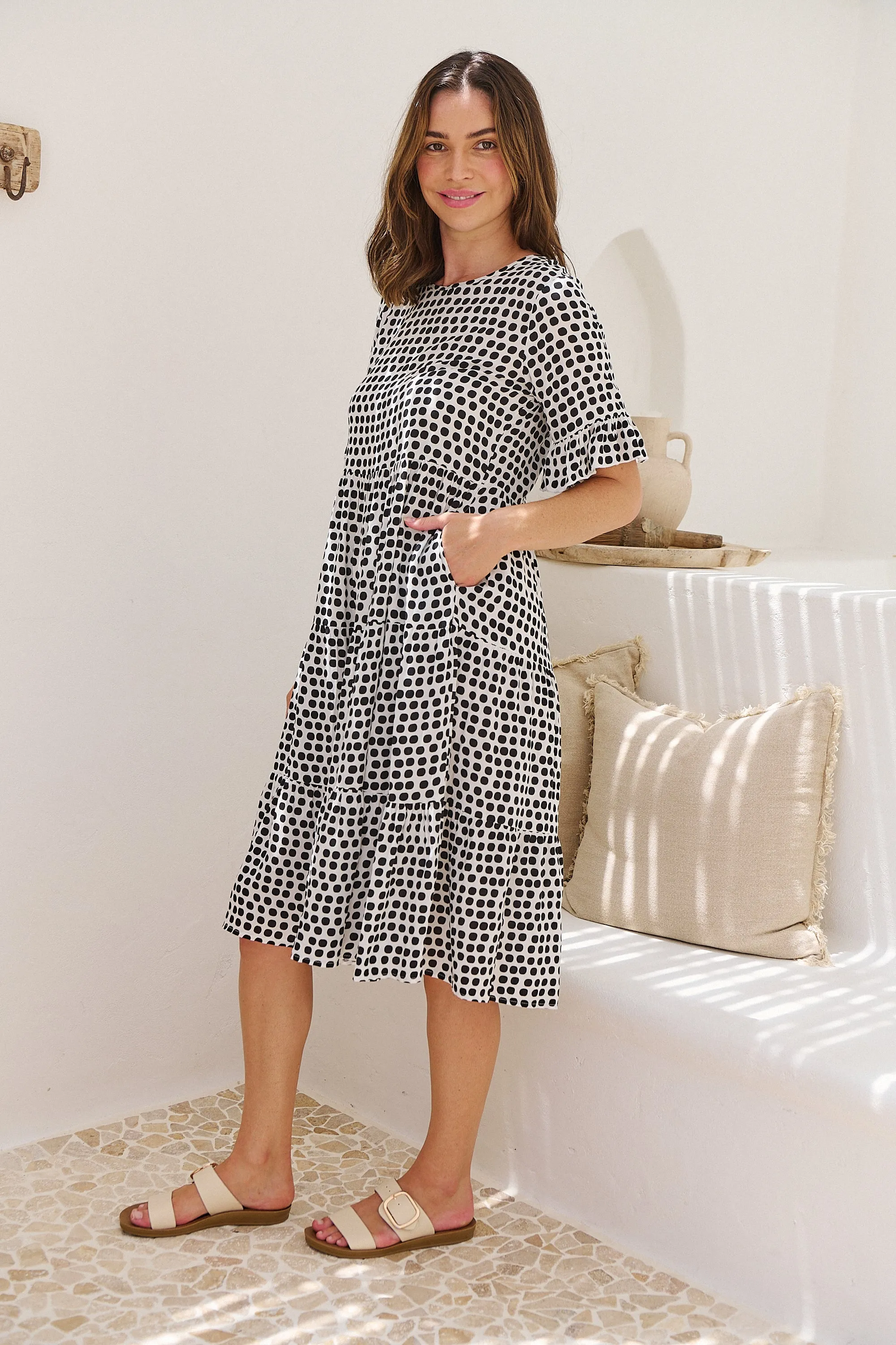 Thea White/Black Spot Print Pocketed Smock