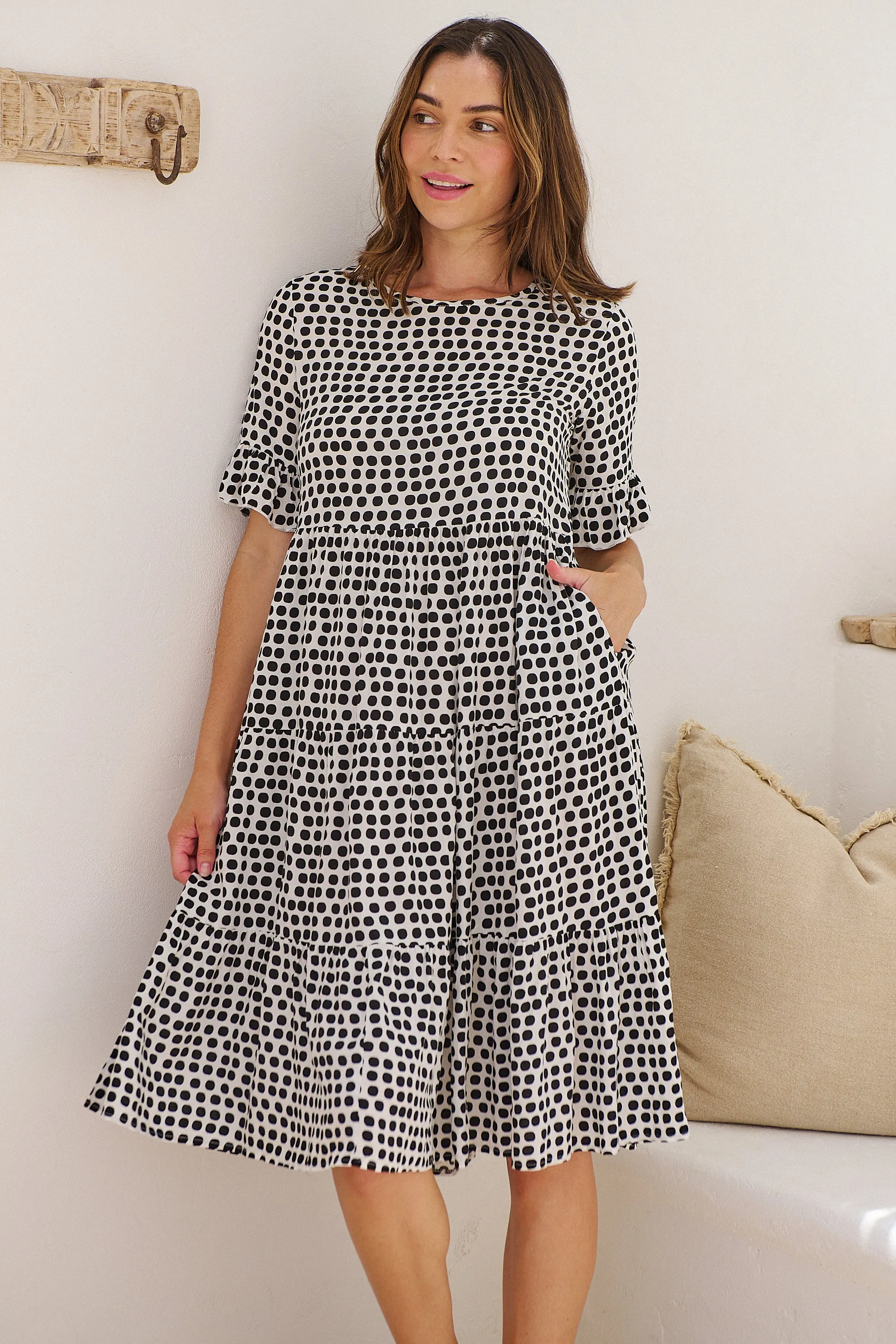 Thea White/Black Spot Print Pocketed Smock