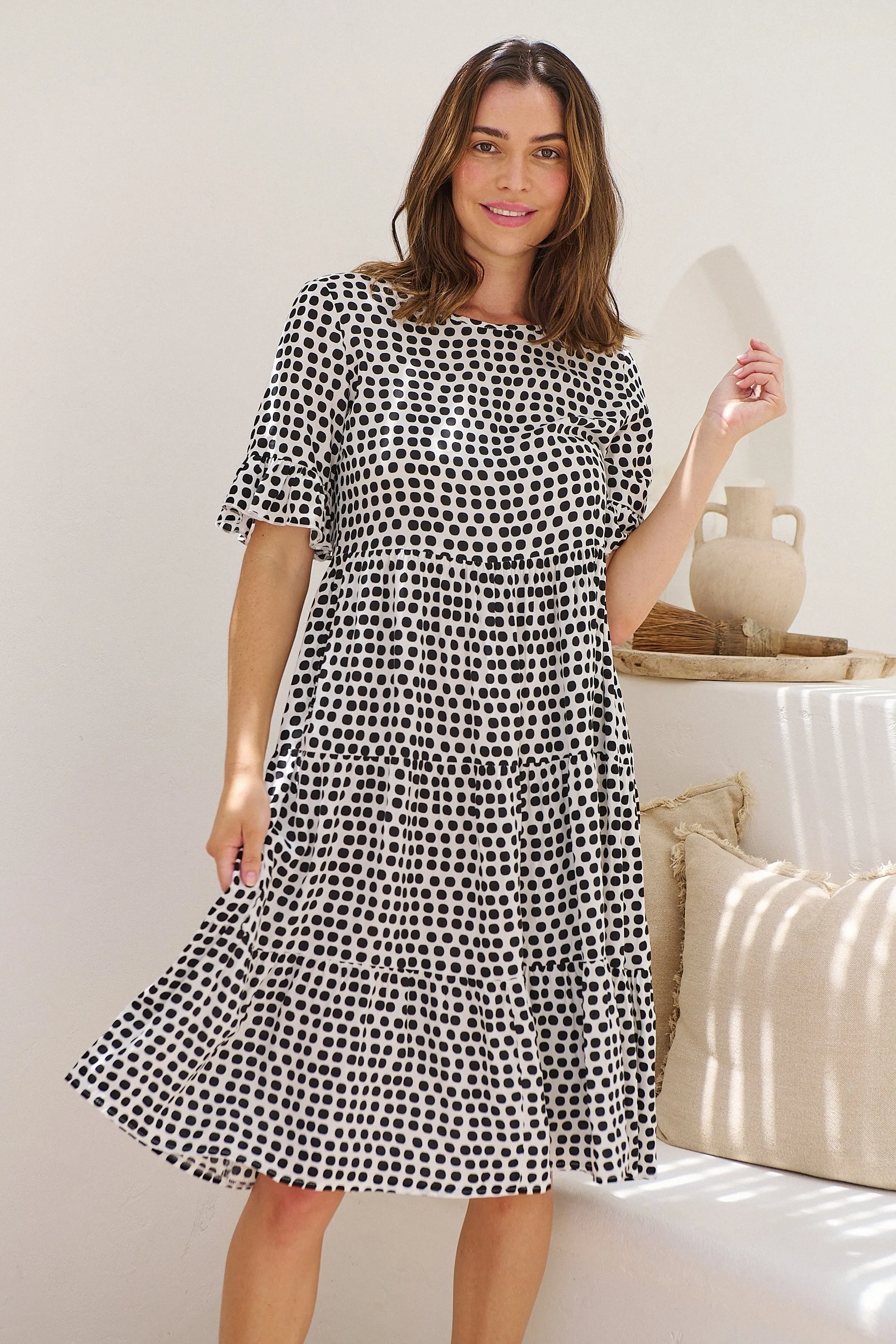 Thea White/Black Spot Print Pocketed Smock