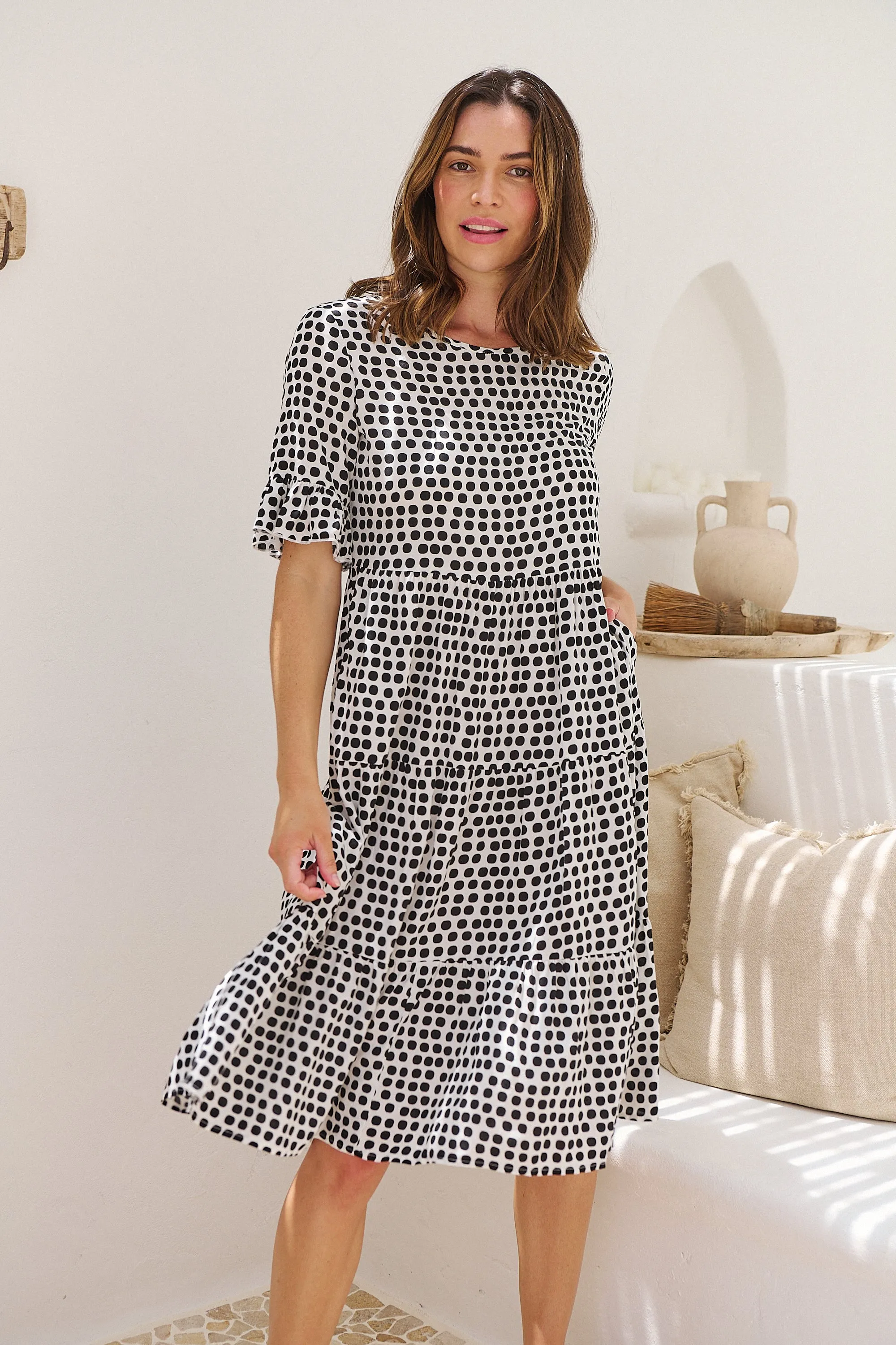 Thea White/Black Spot Print Pocketed Smock