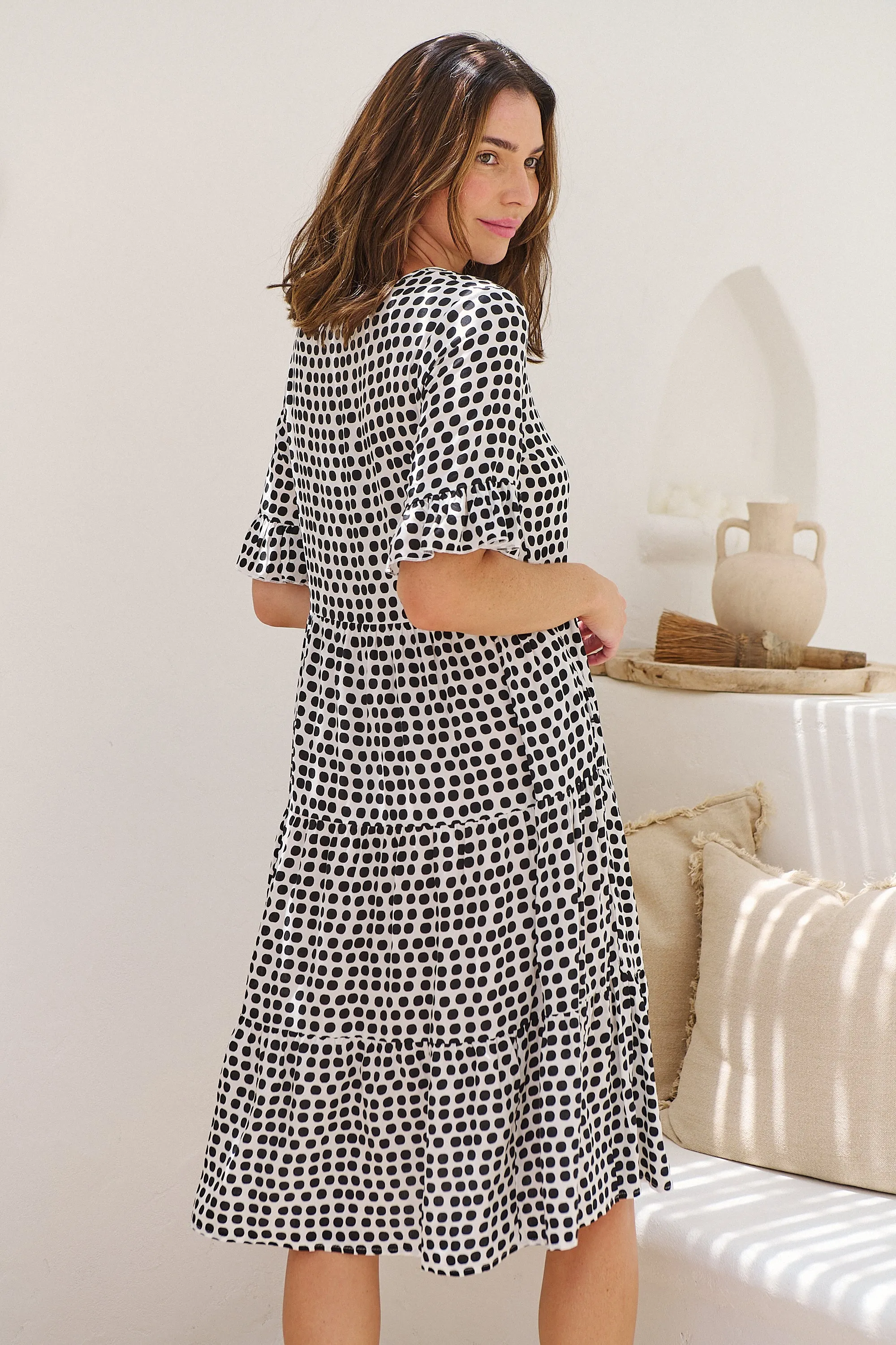 Thea White/Black Spot Print Pocketed Smock