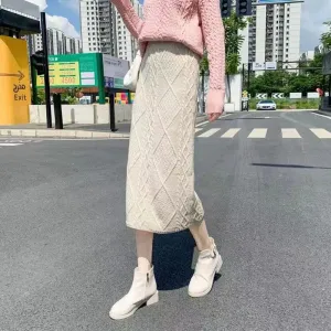 Toleet-Solid Color Autumn Women's Knitted Skirts Korean Style High Waist Pencil Skirts Ladies Elegant Twist Argyle Long Skirt