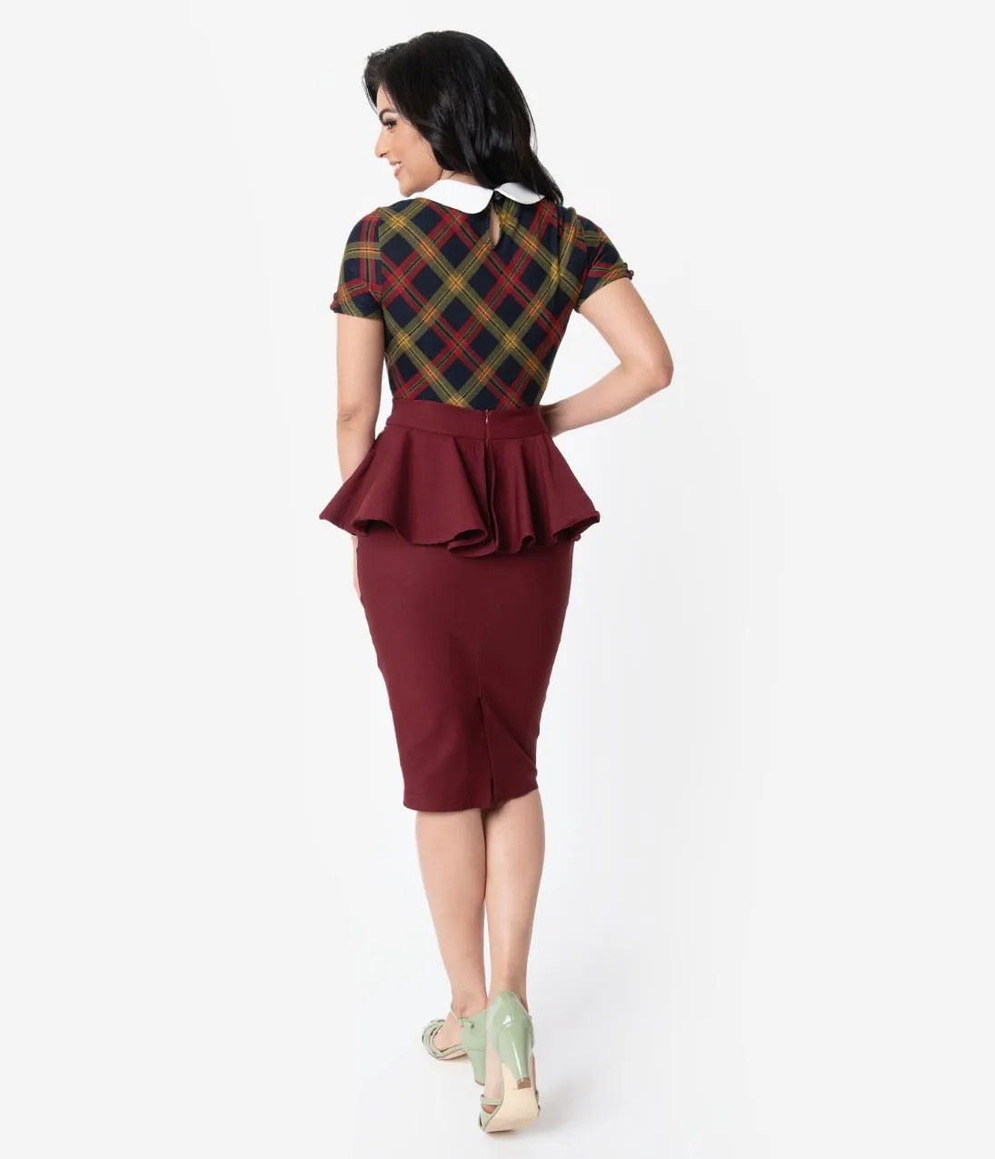 Unique Vintage 1940s Burgundy Stretch Peplum Boulevard Pencil Skirt