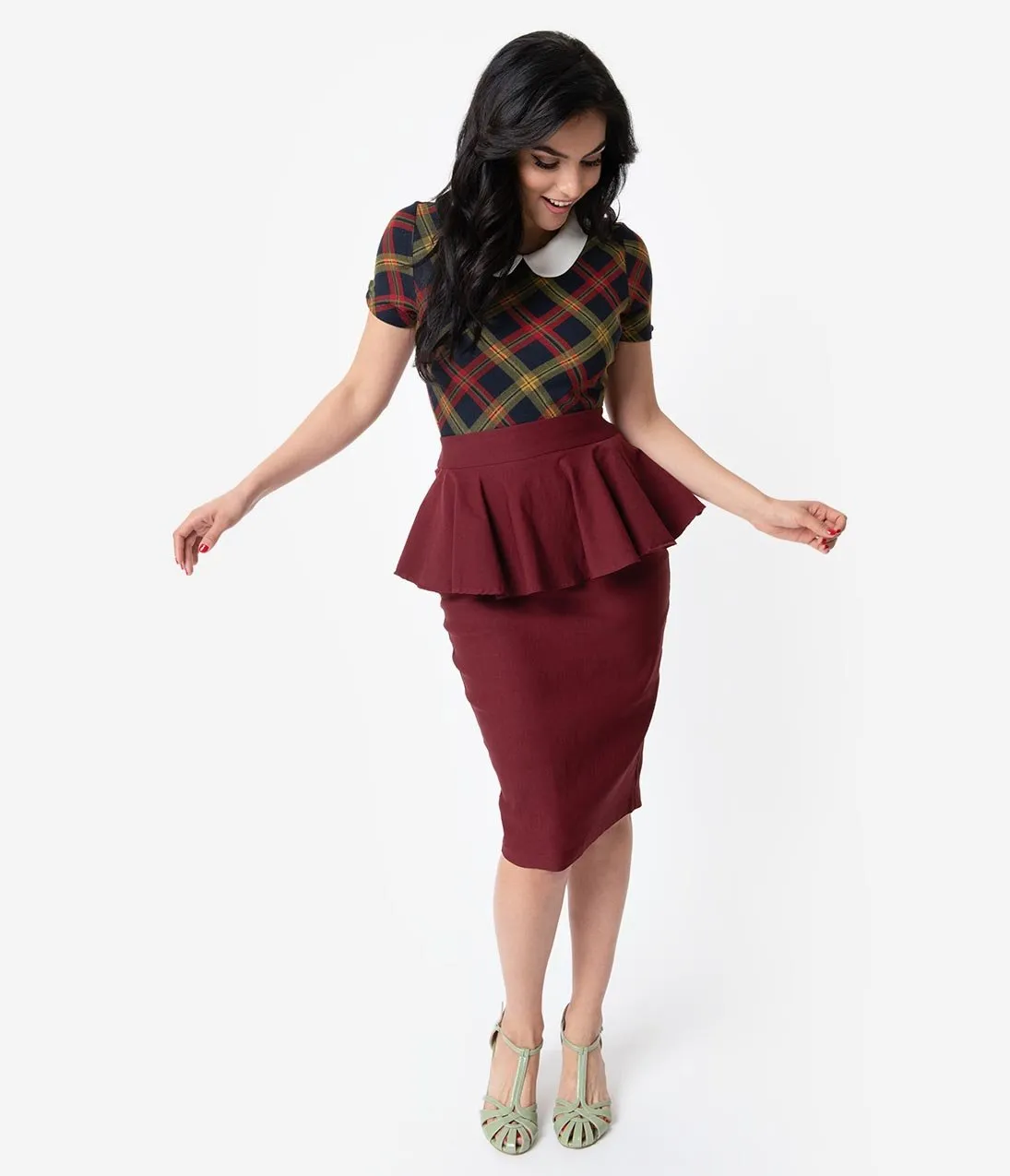 Unique Vintage 1940s Burgundy Stretch Peplum Boulevard Pencil Skirt