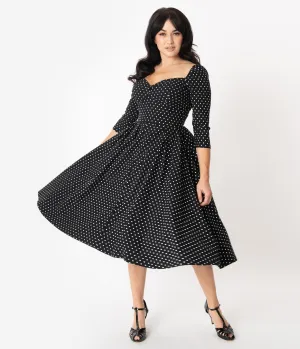 Unique Vintage 1950s Black & White Pin Dot Sweetheart Lamar Swing Dress