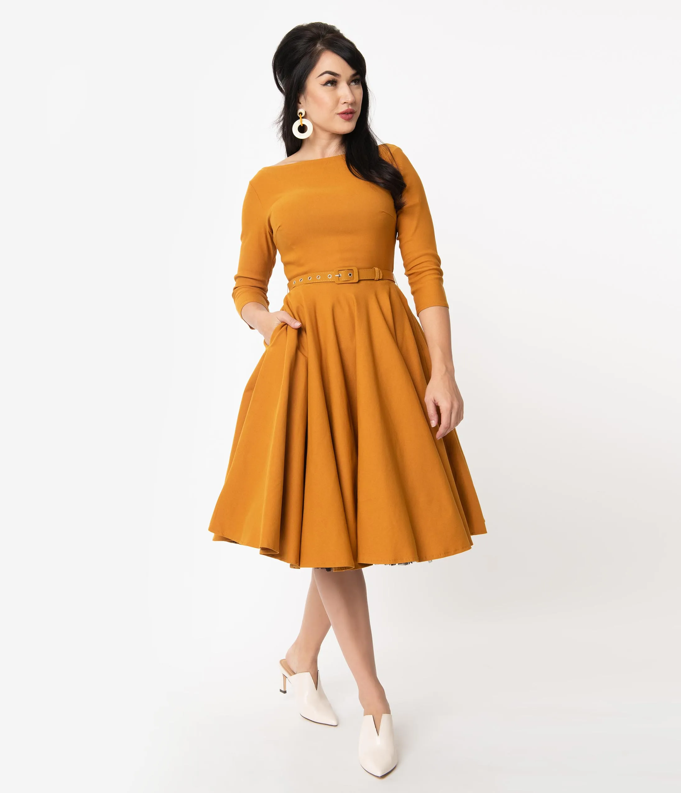 Unique Vintage 1950s Mustard Sleeved Devon Swing Dress