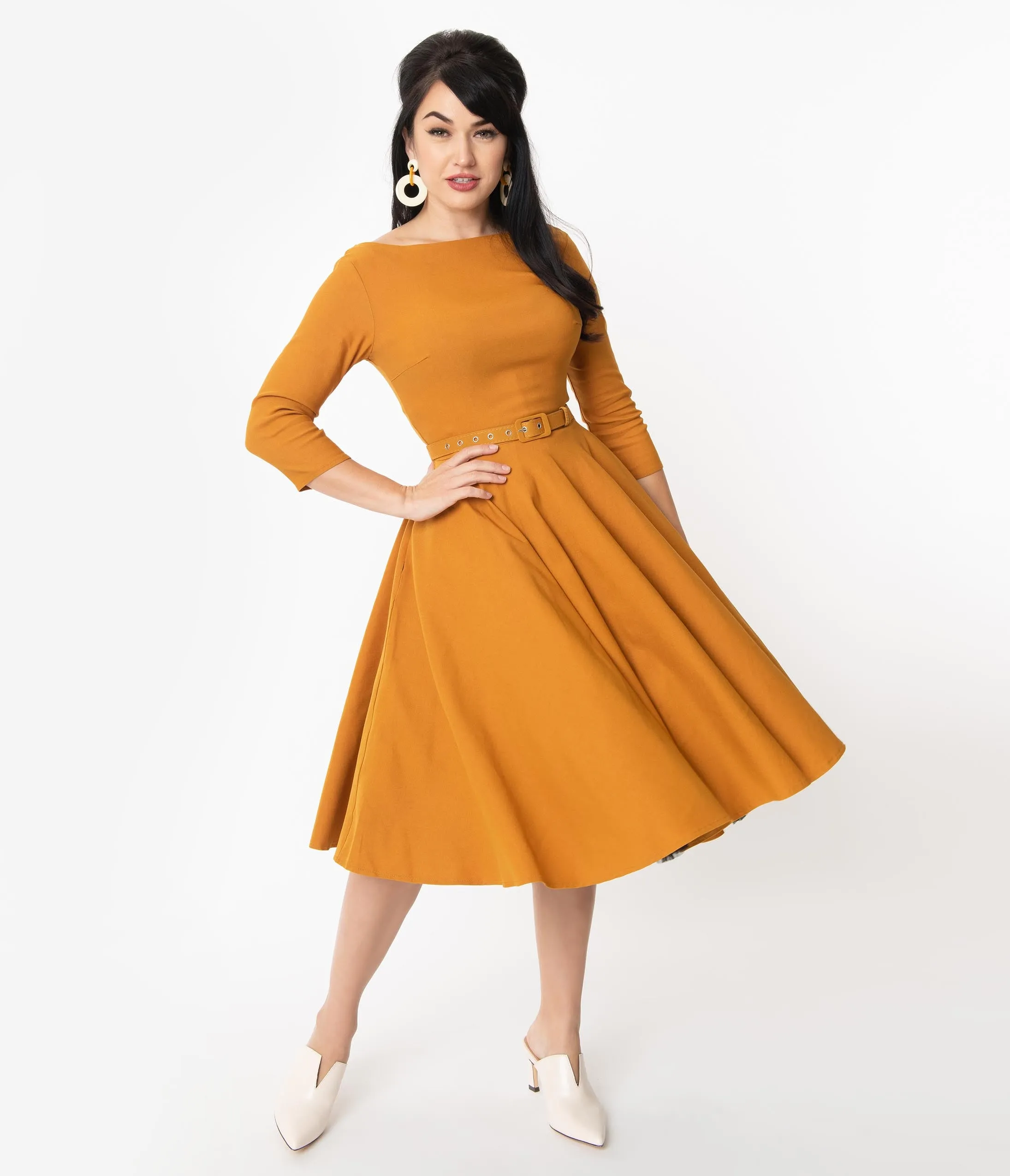 Unique Vintage 1950s Mustard Sleeved Devon Swing Dress