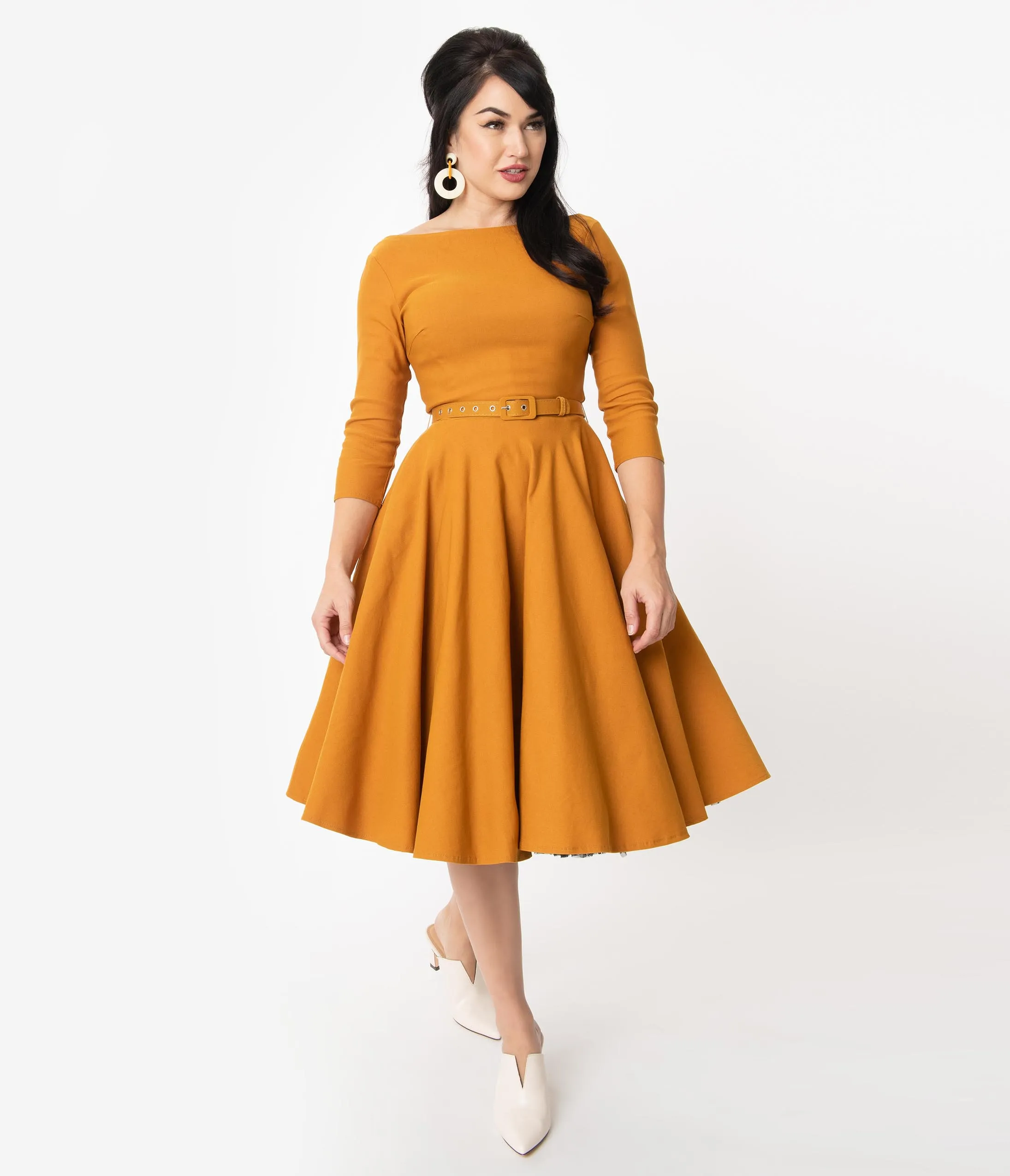 Unique Vintage 1950s Mustard Sleeved Devon Swing Dress