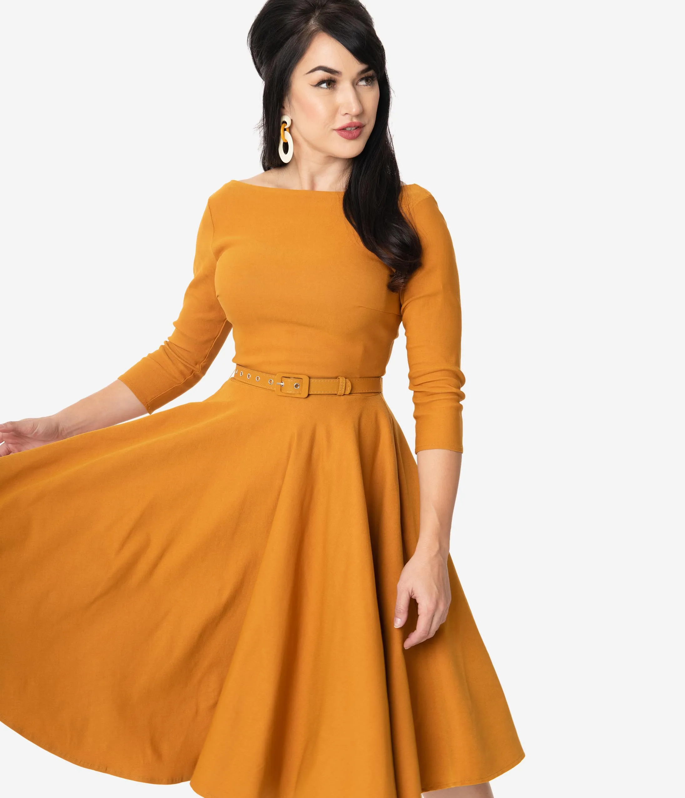 Unique Vintage 1950s Mustard Sleeved Devon Swing Dress