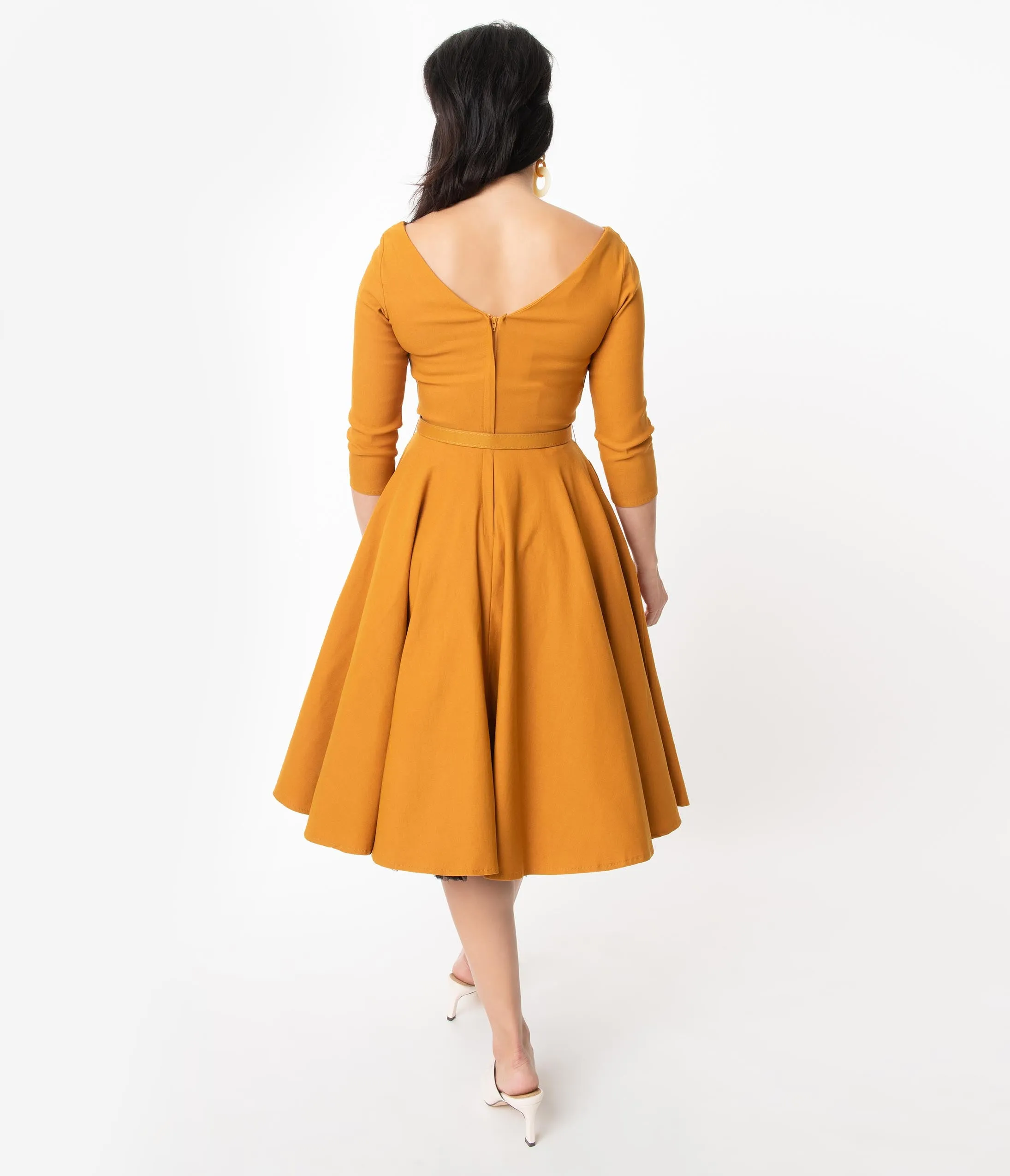 Unique Vintage 1950s Mustard Sleeved Devon Swing Dress