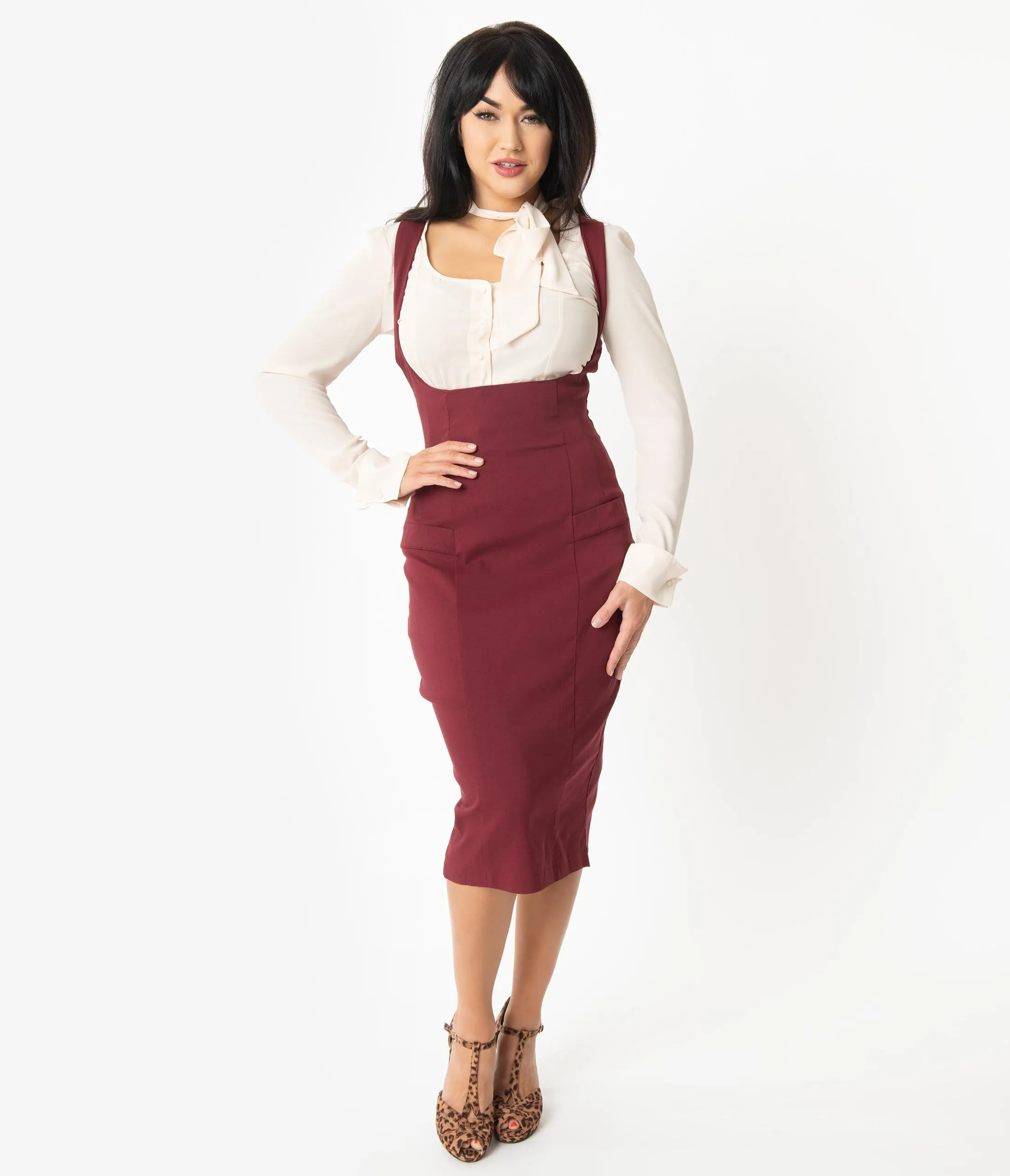 Unique Vintage Burgundy Red Fontaine Suspender Pencil Skirt