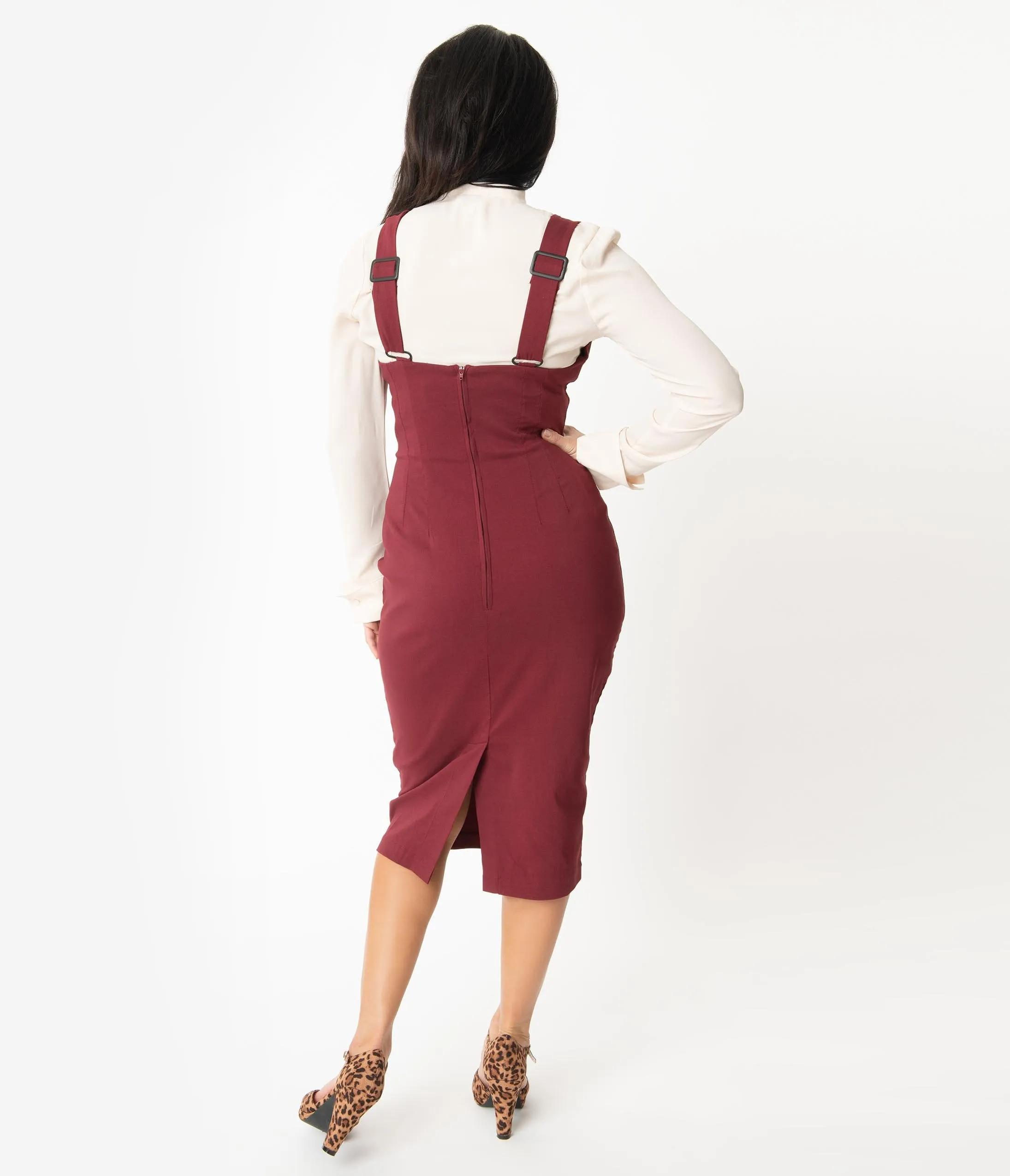 Unique Vintage Burgundy Red Fontaine Suspender Pencil Skirt