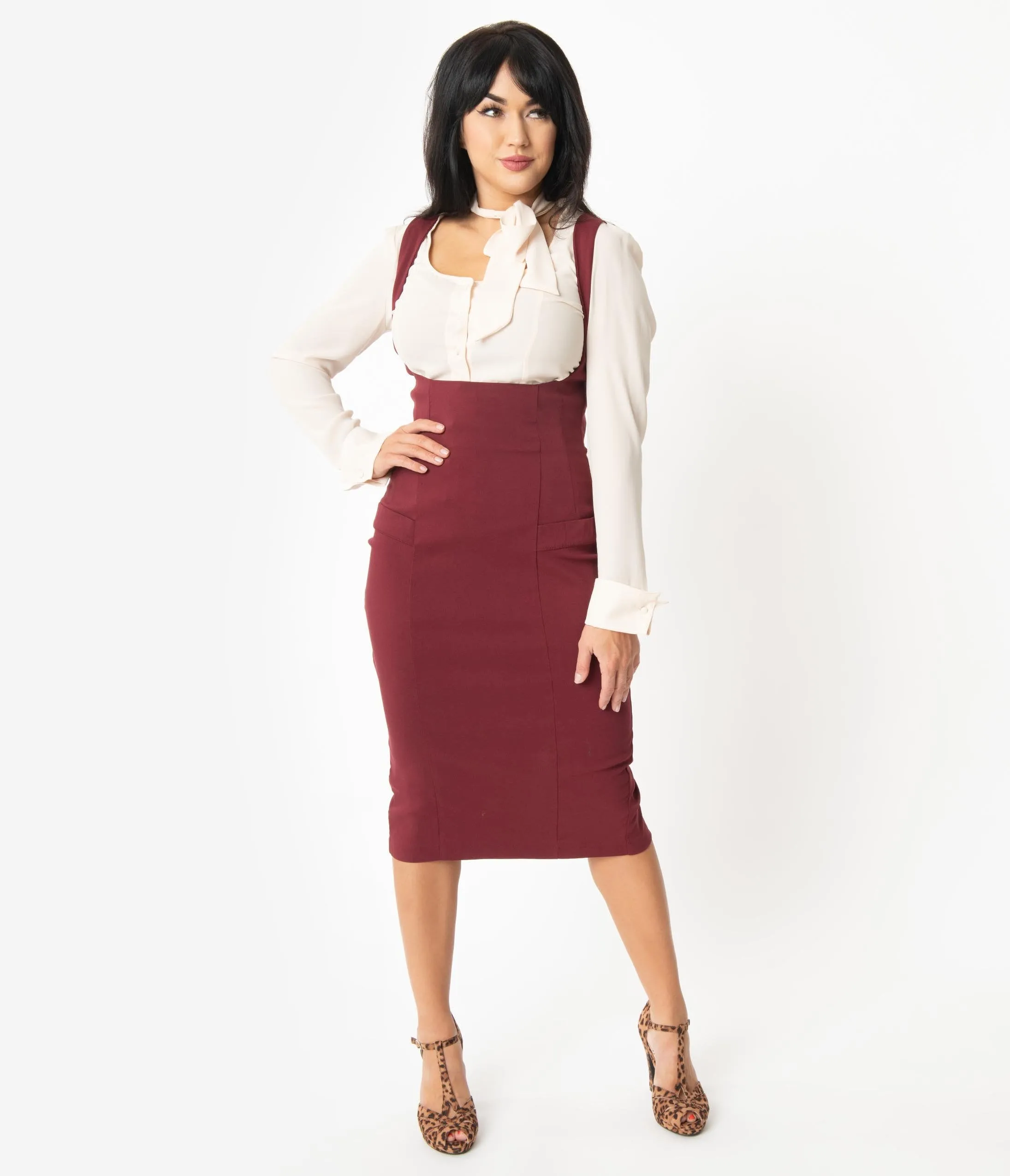 Unique Vintage Burgundy Red Fontaine Suspender Pencil Skirt