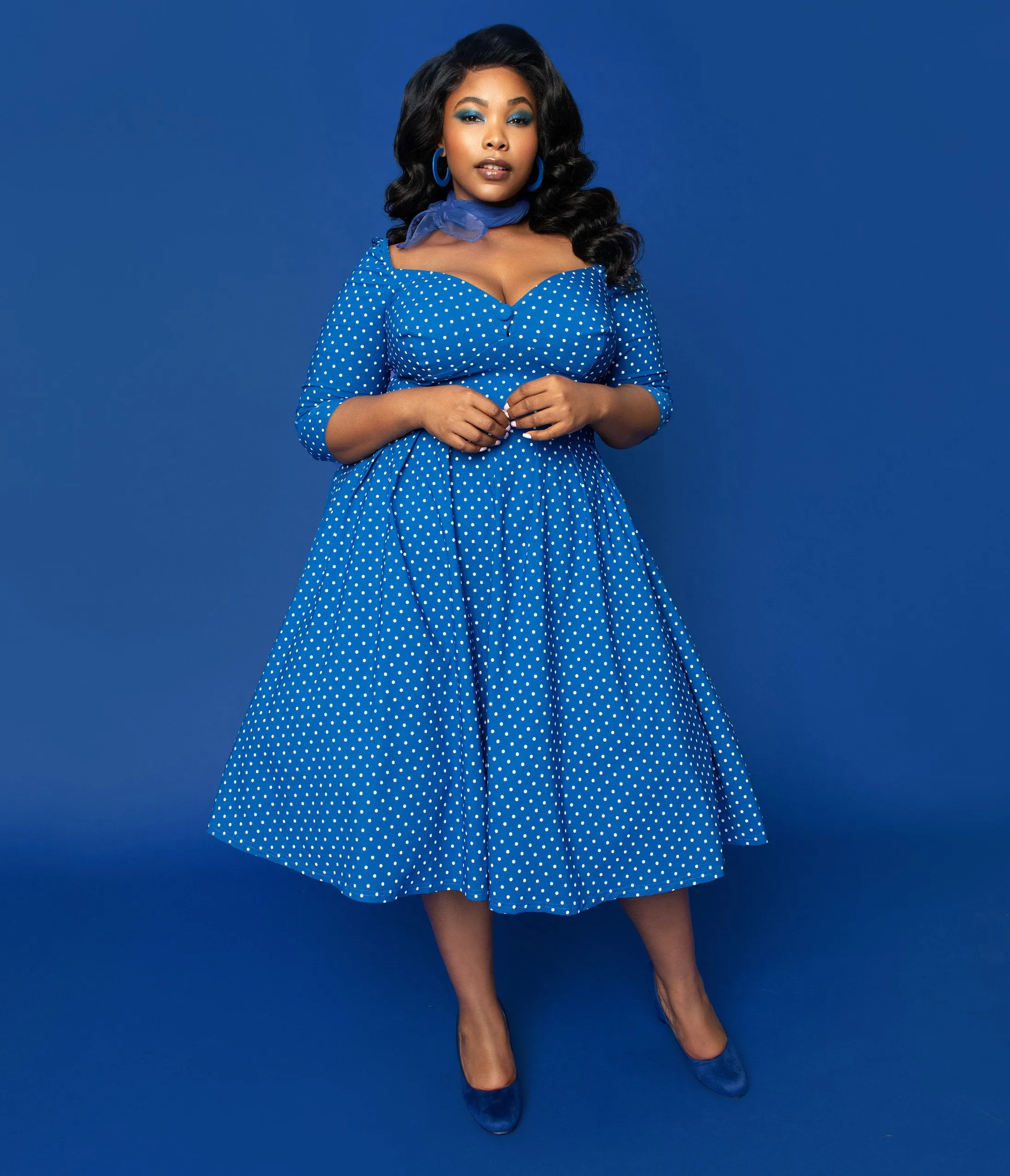 Unique Vintage   Pantone Plus Size Classic Blue & White Pin Dot Lamar Swing Dress