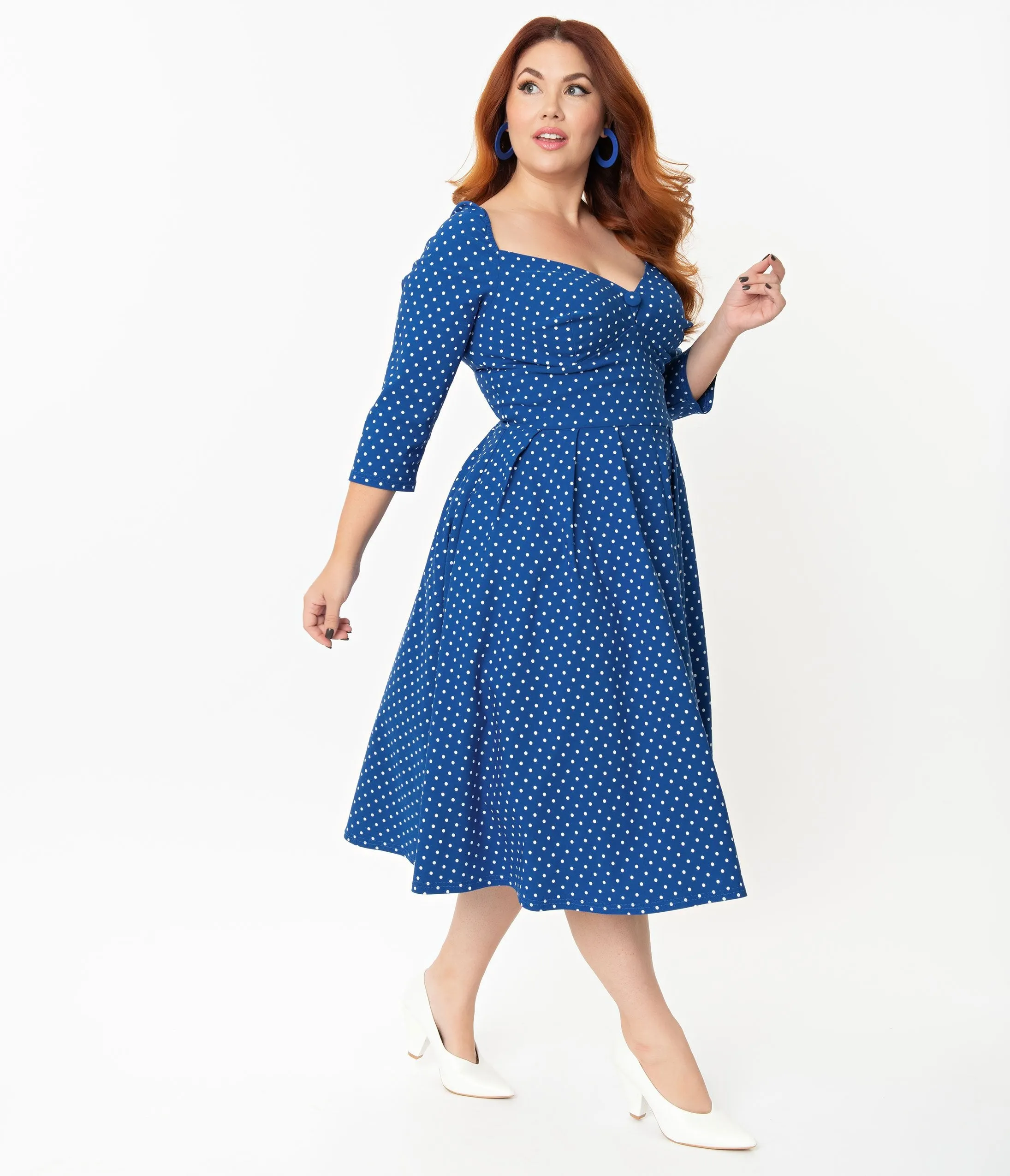 Unique Vintage   Pantone Plus Size Classic Blue & White Pin Dot Lamar Swing Dress