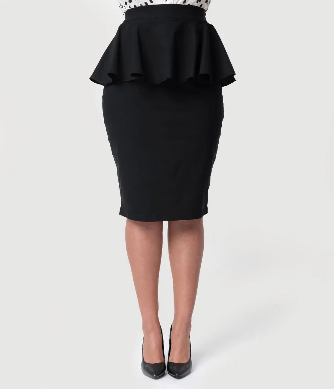 Unique Vintage Plus Size 1940s Black Stretch Peplum Boulevard Pencil Skirt