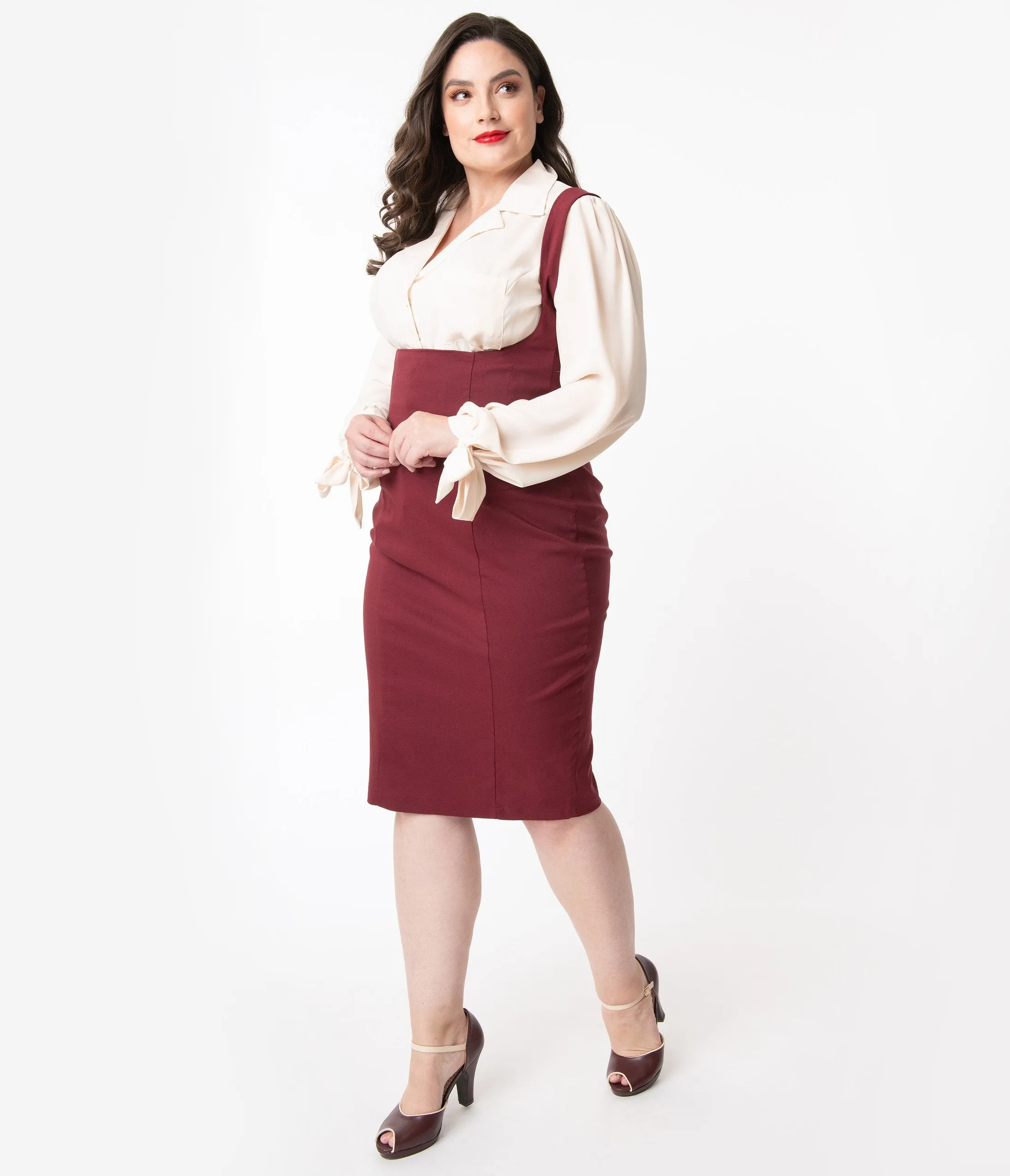 Unique Vintage Plus Size Burgundy Red Fontaine Suspender Pencil Skirt