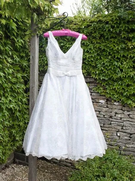 V-Neck Lace Short Tea Length Wedding Dress for Older Brides,20111764