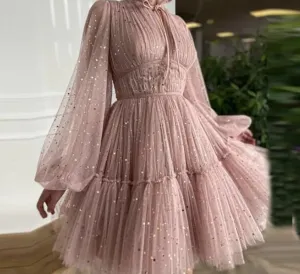 Verngo Pastel Pink Starry Tulle Short Prom Dresses With Long Sleeves High Neck Formal Party Gowns Glitter  Homecoming Dress