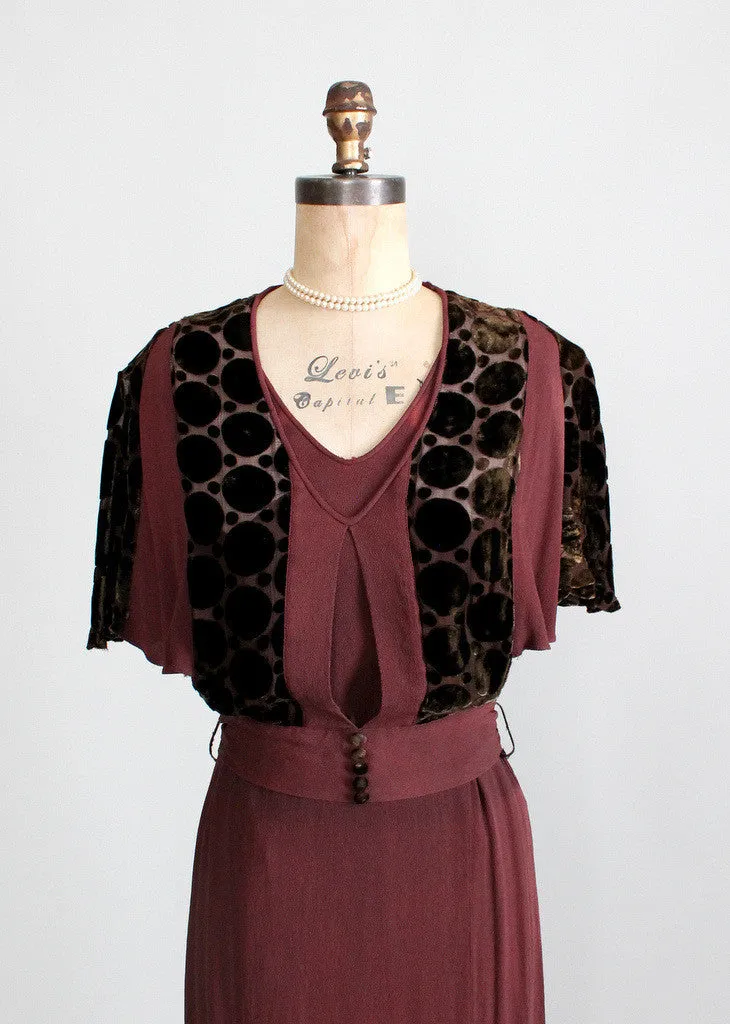 Vintage 1930s Crepe and Velvet Mildred Pierce Dress