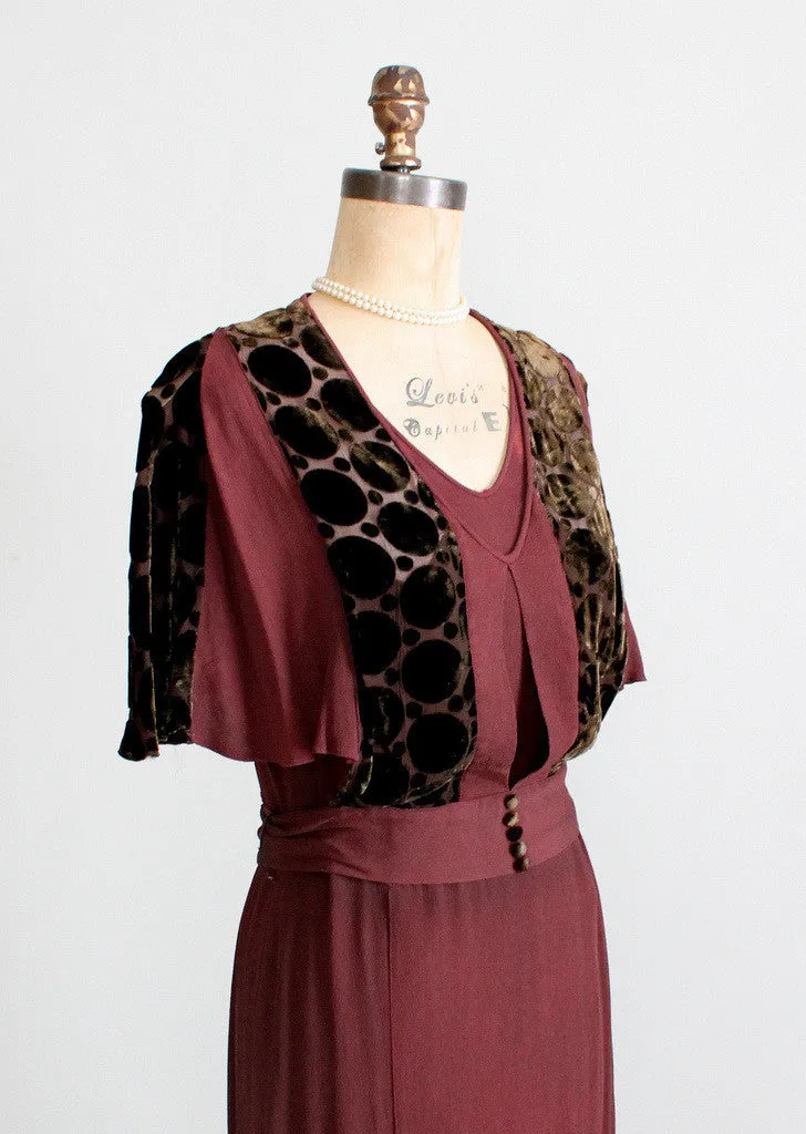 Vintage 1930s Crepe and Velvet Mildred Pierce Dress