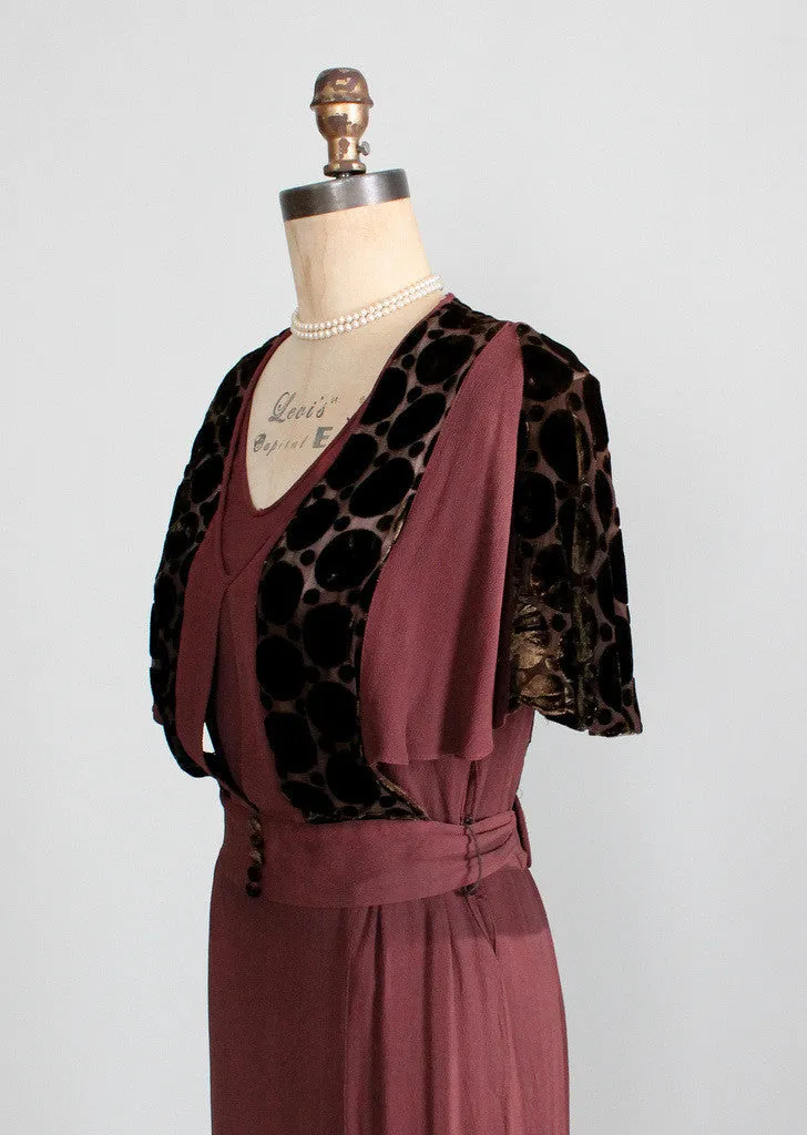 Vintage 1930s Crepe and Velvet Mildred Pierce Dress