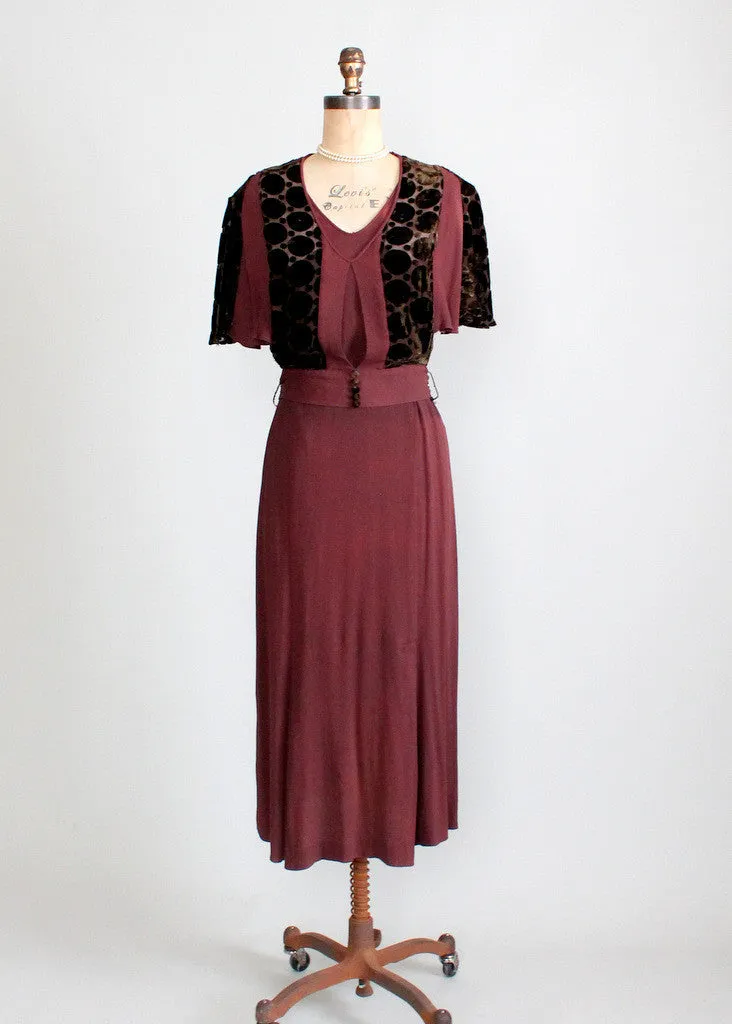 Vintage 1930s Crepe and Velvet Mildred Pierce Dress