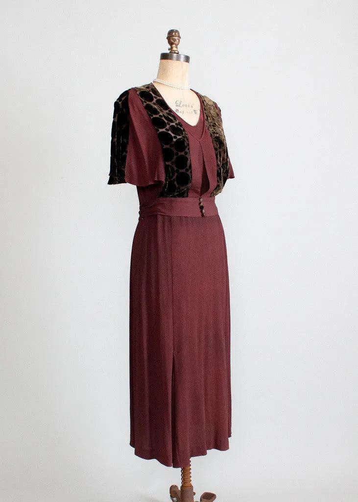 Vintage 1930s Crepe and Velvet Mildred Pierce Dress