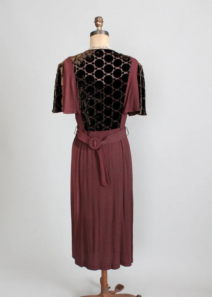 Vintage 1930s Crepe and Velvet Mildred Pierce Dress