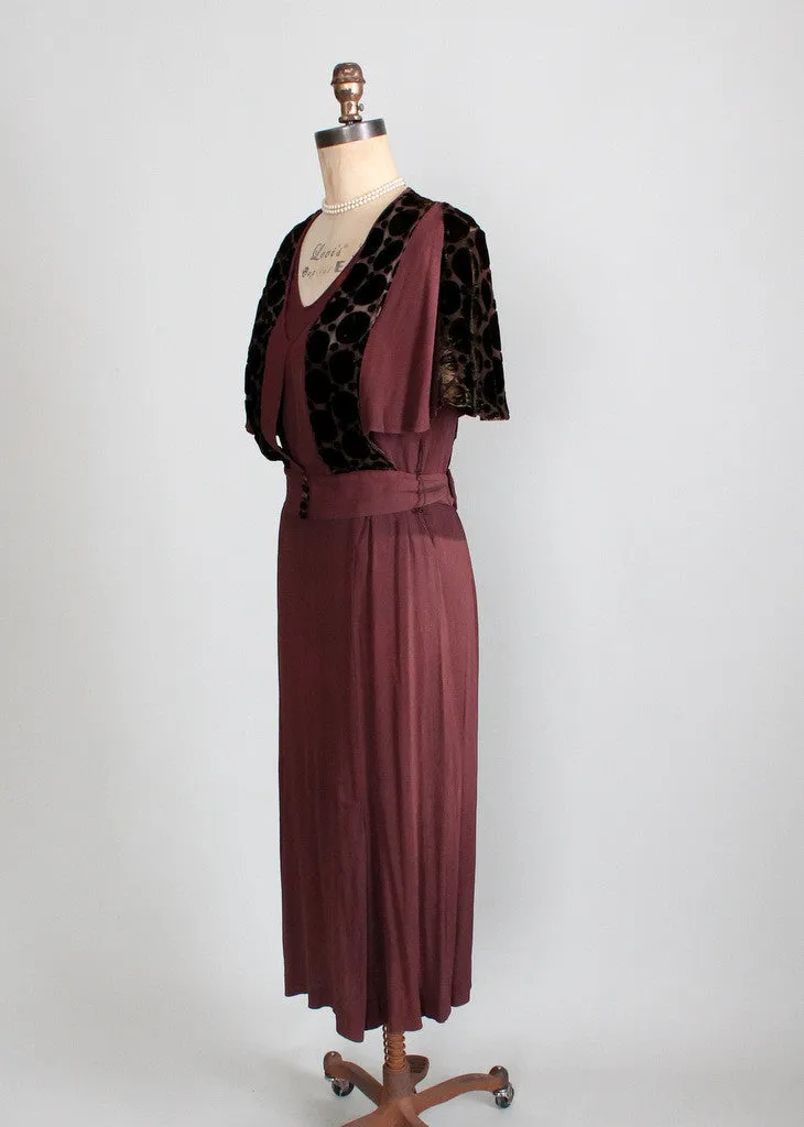 Vintage 1930s Crepe and Velvet Mildred Pierce Dress