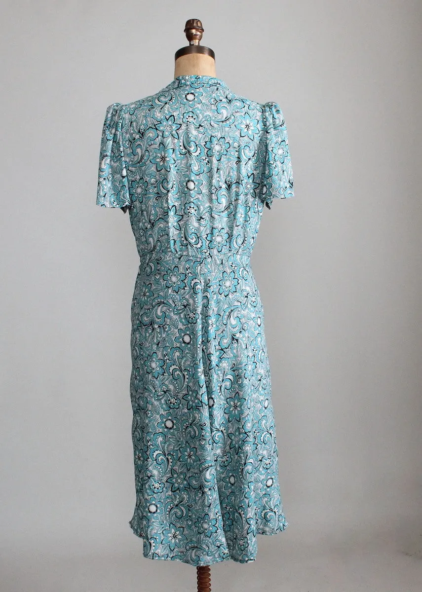 Vintage 1940s Blue and White Floral Print Rayon Day Dress