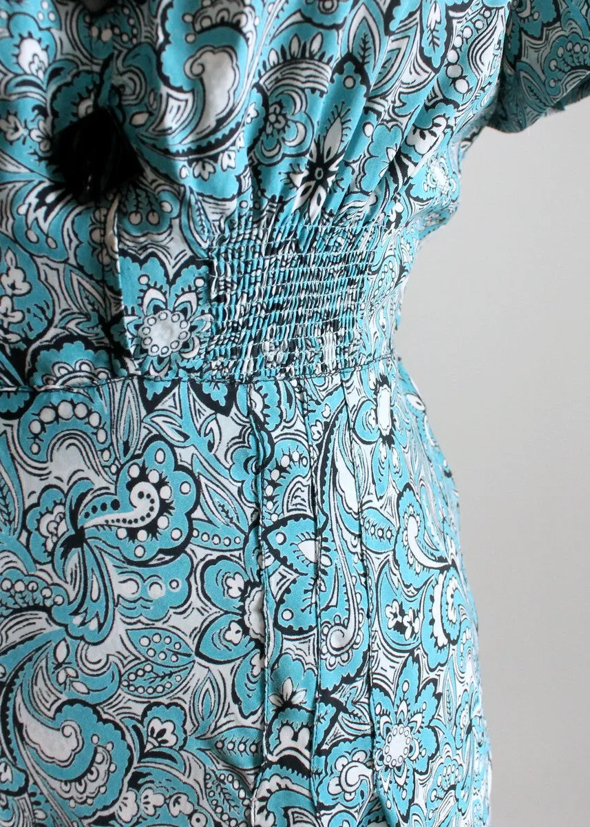 Vintage 1940s Blue and White Floral Print Rayon Day Dress