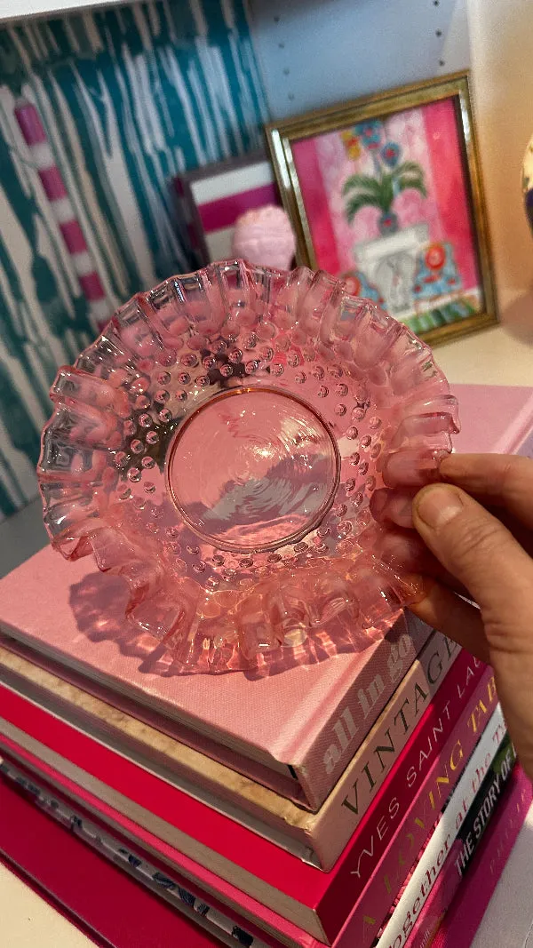 Vintage Bowl, Dish, Fenton Hobnail Glass, Cranberry, Ruffled Edge