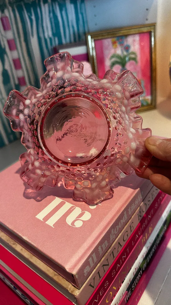 Vintage Bowl, Dish, Fenton Hobnail Glass, Cranberry, Ruffled Edge