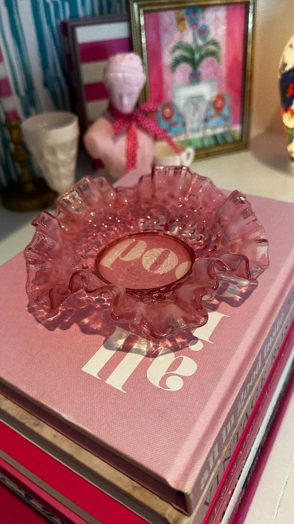 Vintage Bowl, Dish, Fenton Hobnail Glass, Cranberry, Ruffled Edge