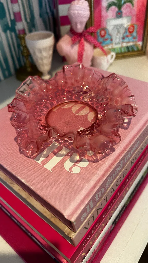 Vintage Bowl, Dish, Fenton Hobnail Glass, Cranberry, Ruffled Edge