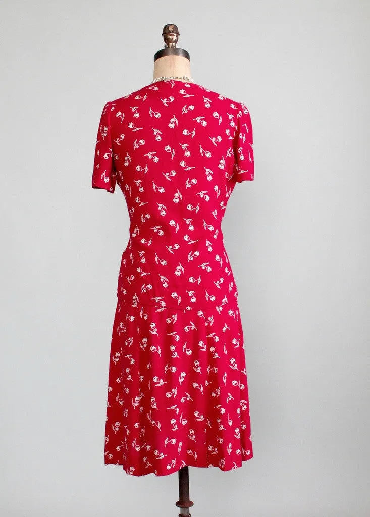 Vintage Late 1930s Red Rose Bud Suit