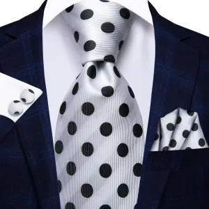 White Black Polka Dot Tie Handkerchief Cufflinks Set