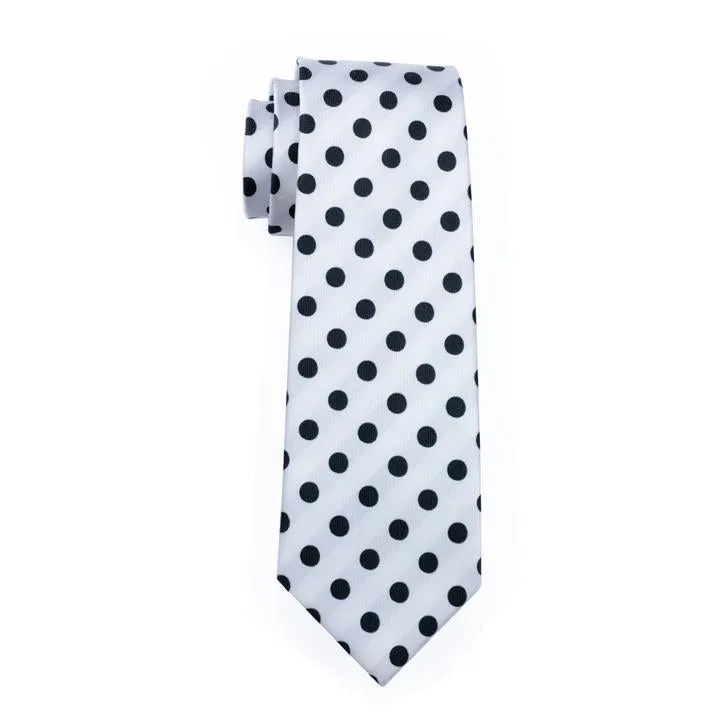 White Black Polka Dot Tie Handkerchief Cufflinks Set