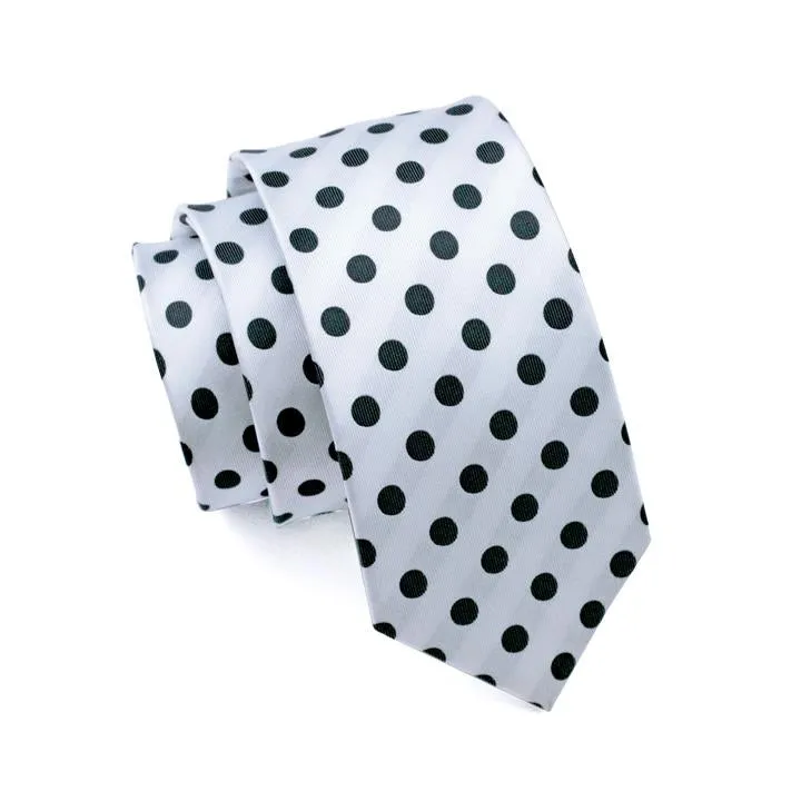 White Black Polka Dot Tie Handkerchief Cufflinks Set