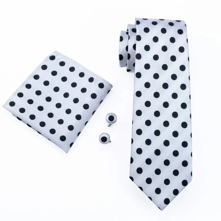 White Black Polka Dot Tie Handkerchief Cufflinks Set