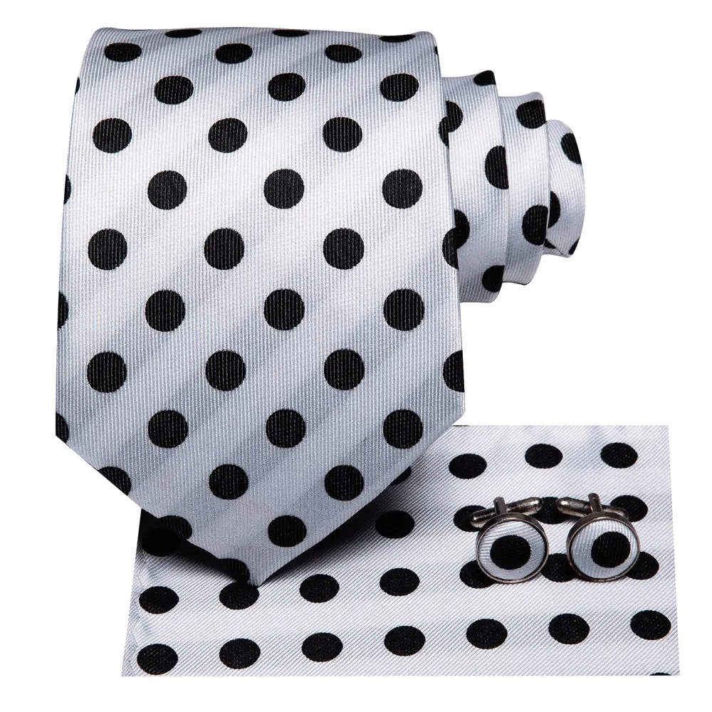 White Black Polka Dot Tie Handkerchief Cufflinks Set