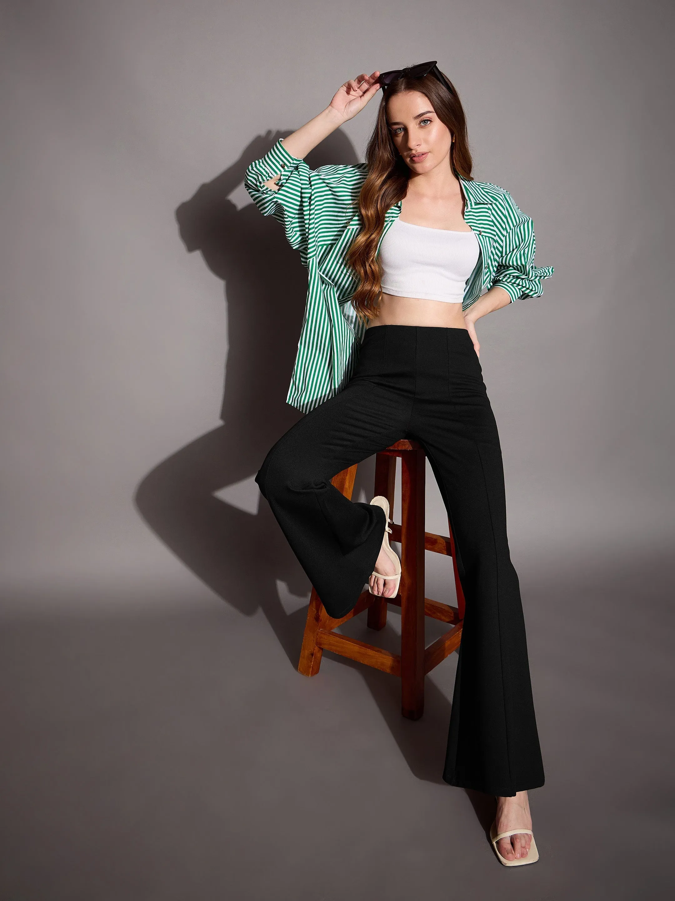 Women Black Bootcut Flared High-Rise Trousers