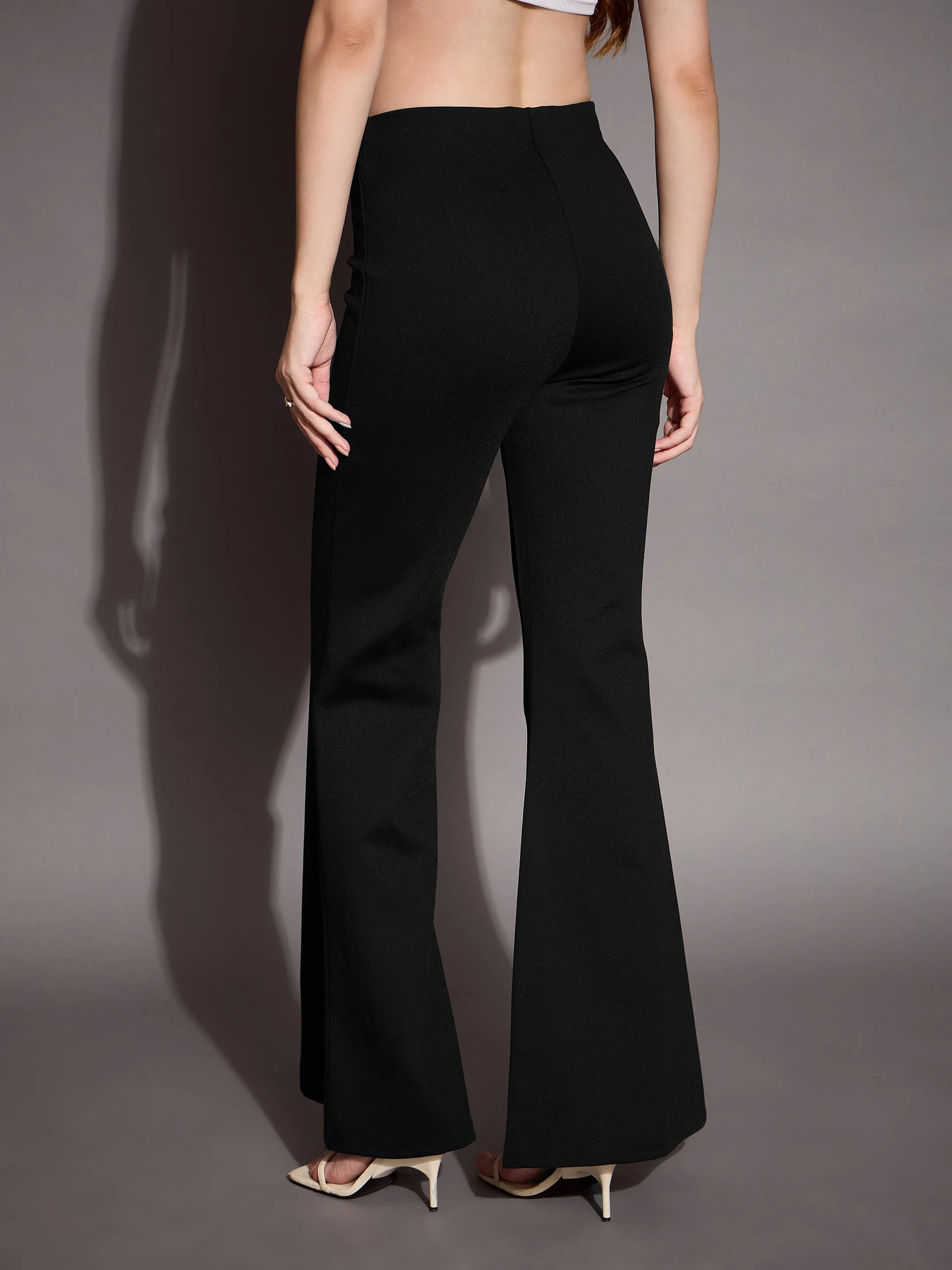 Women Black Bootcut Flared High-Rise Trousers