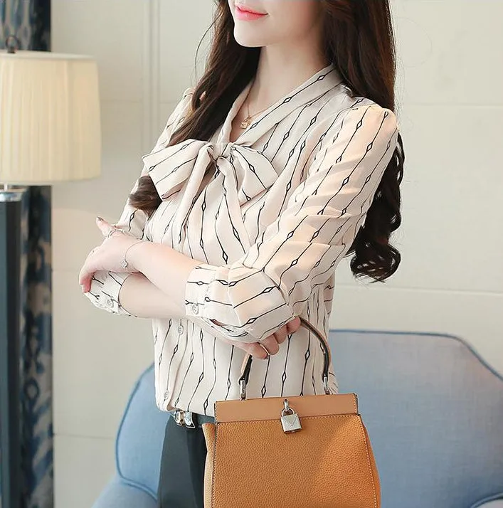 women blouse Bow tie shirt in stand collar long sleeve