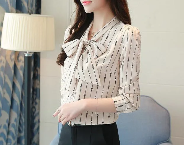 women blouse Bow tie shirt in stand collar long sleeve