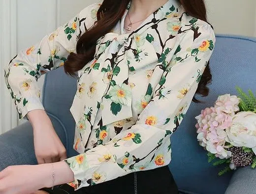 women blouse Bow tie shirt in stand collar long sleeve