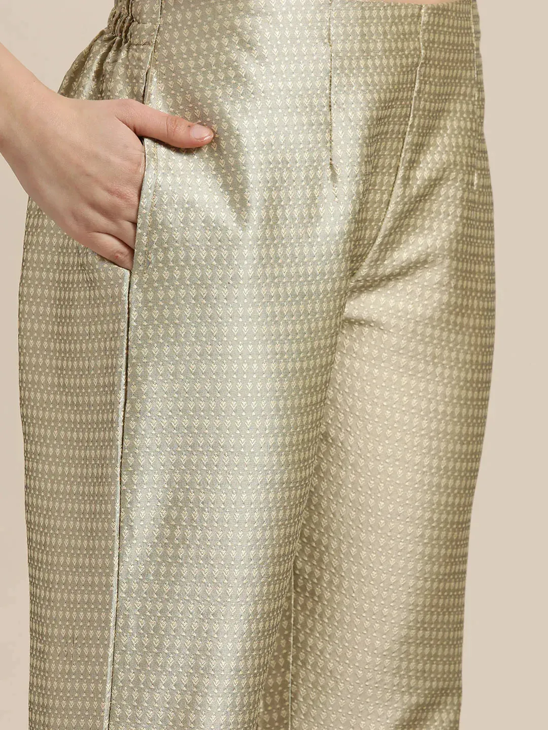 Women Dupion Silk Jacquard Kurta With Trousers & Dupatta