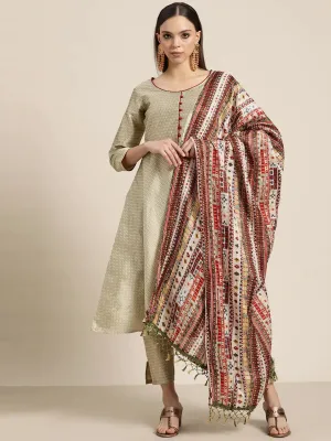 Women Dupion Silk Jacquard Kurta With Trousers & Dupatta