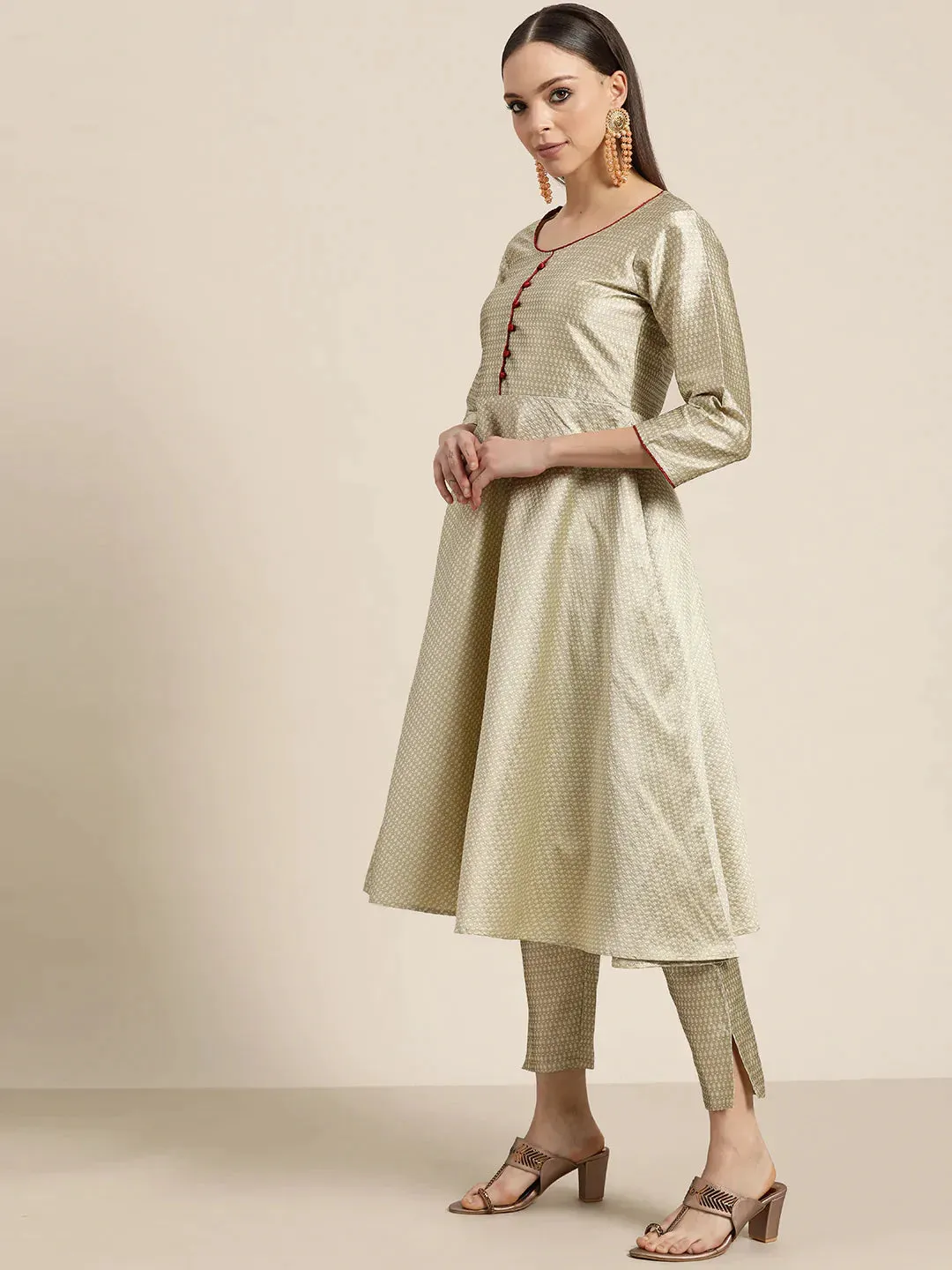 Women Dupion Silk Jacquard Kurta With Trousers & Dupatta